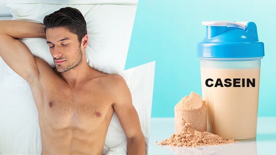 a handsome athletic man sleeping on his back next to a measuring spoon filled with protein powder and a sports shaker with the inscription casein