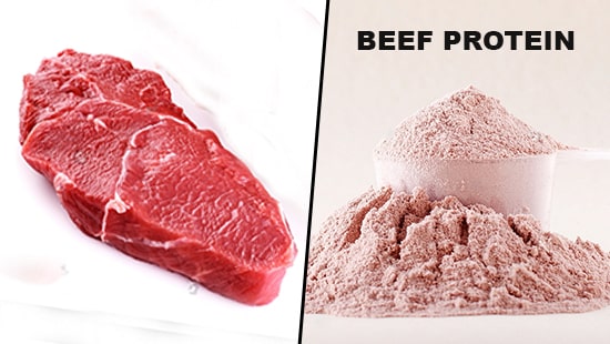 a piece of raw beef steak next to a measuring spoon filled with beef protein powder